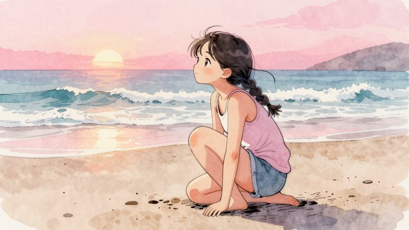 Create an image of a cute girl in a squatting pose, captured in a mid-shot on the beach at sunset. The style should feature a pink watercolor wash with ink sketch details, and include elements of the ocean and surf in the background.