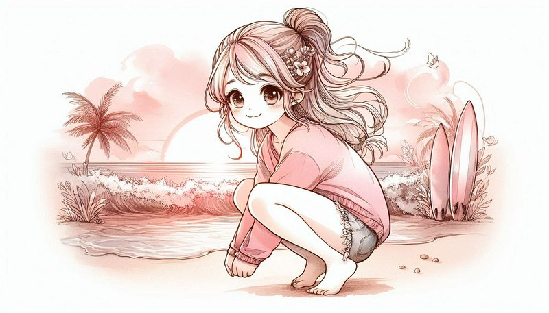 Cute anime girl crouching on a pink sepia-toned beach with surfboards and palm trees.