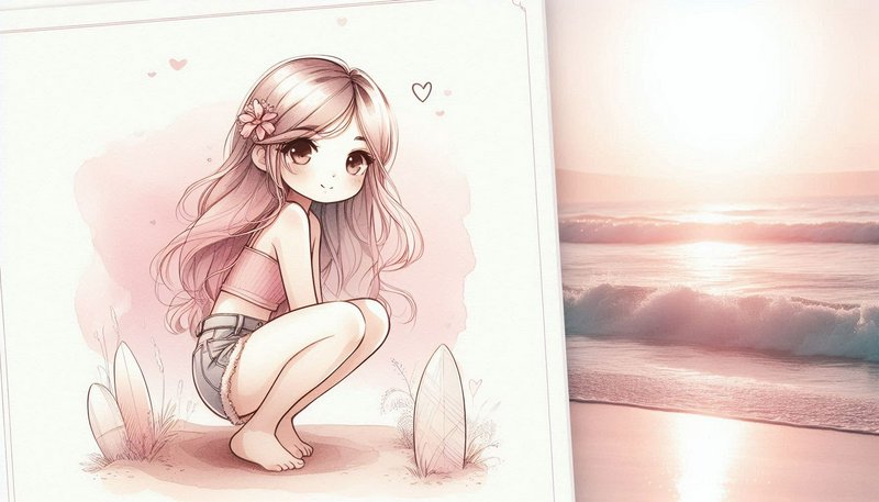 Anime-style illustration of a pink-haired girl kneeling in a soft pink scene with seashells.