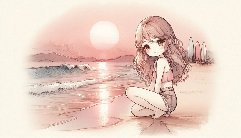 Soft pastel anime-style girl sitting on a pink-hued beach at sunset with gentle waves.