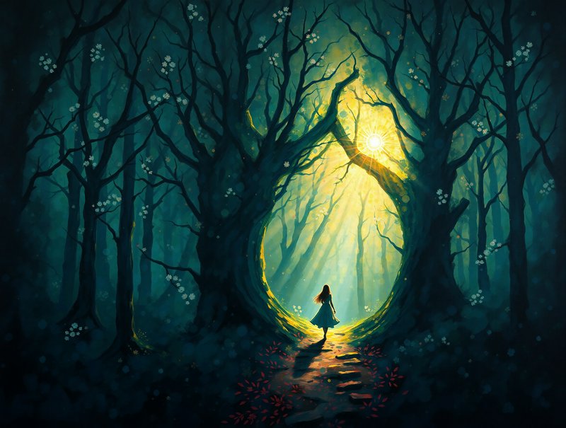 Silhouette girl walks toward a glowing circular archway in a moonlit forest.