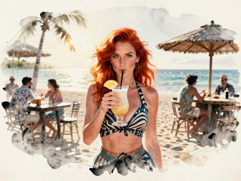 Red-haired woman in a striped bikini top sipping a tropical cocktail on a sunny beach.