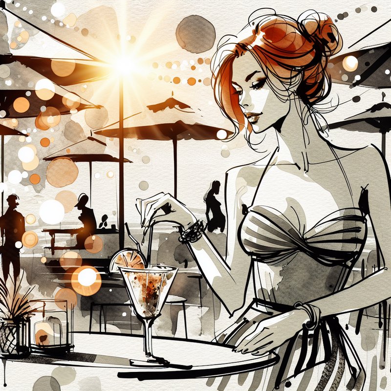 Stylized fashion illustration of a woman in a bikini top at a seaside bar, sipping a cocktail under sunlit umbrellas.