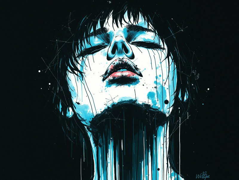 Stylized blue and black portrait with paint-drip effects on the face and neck against a dark background