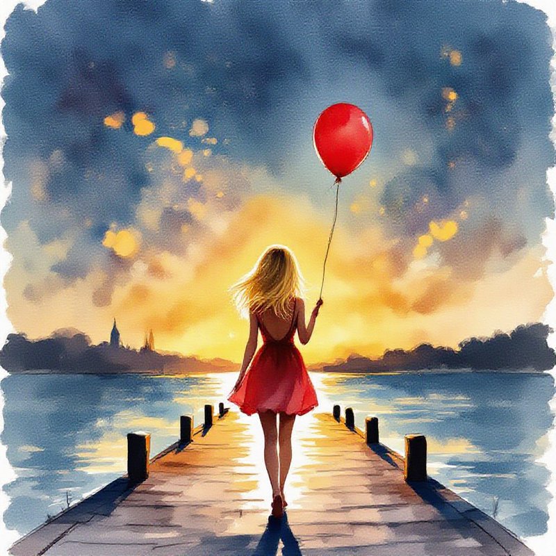 A girl in a pink dress walks down a wooden pier at sunset, holding a red balloon over calm water.