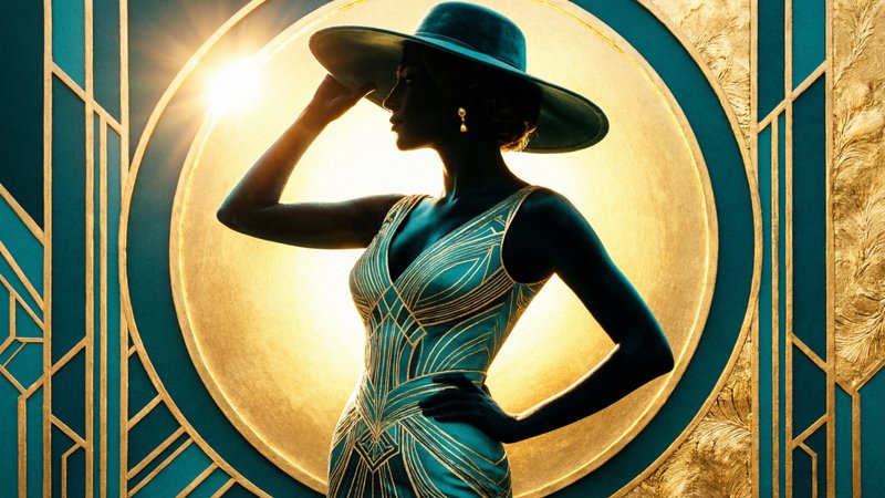 Art Deco styled silhouetted female figure in profile, slim three-quarter pose with one hand on a wide-brim hat brim and the other resting on her hip, wearing a form‑fitting teal evening dress with intricate gold linework and geometric patterns; deep black silhouette with subtle teal highlights, bold golden halo backlight from behind left casting warm metallic reflections, teal and gold geometric architectural motifs and textured gold leaf background, high-contrast stylized photorealistic illustration, eye‑level medium/full shot, off center composition with negative space to left, rule of thirds.