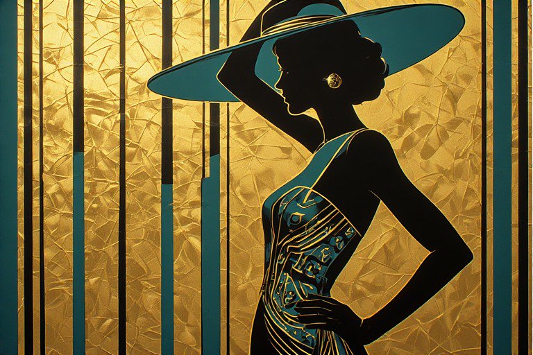 Silhouette of a woman in a teal corseted dress and wide-brim hat, posed in profile.