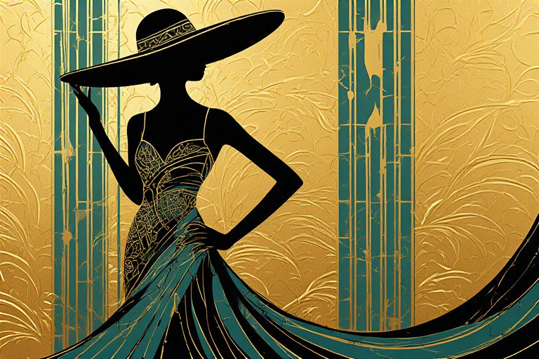 Silhouetted woman in a wide-brim hat and elegant gown against a gold art deco background.