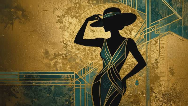 Silhouette of a stylish woman in a hat and dress against a gold-teal Art Deco backdrop.