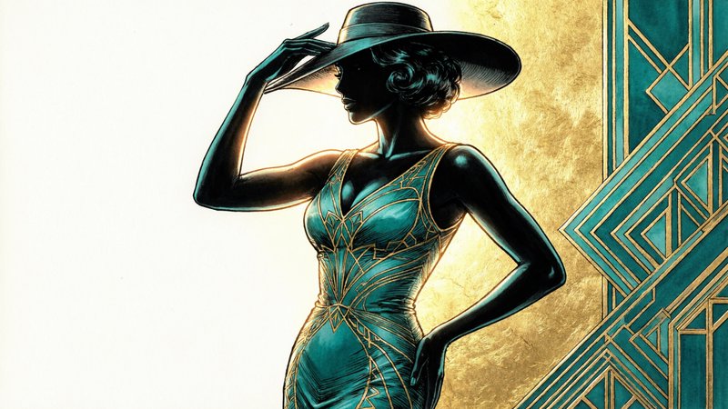 Art Deco styled silhouetted female figure in profile, slim three-quarter pose with one hand on a wide-brim hat brim and the other resting on her hip, wearing a form‑fitting teal evening dress with intricate gold linework and geometric patterns; deep black silhouette with subtle teal highlights, bold gold-leaf textured background, backlight from behind left casting warm metallic reflections, teal and gold geometric architectural motifs and textured gold leaf background, high-contrast stylized photorealistic illustration, eye‑level medium/full shot, centered composition with negative space to left., incredible hand-drawn manga, black and white, by Takehiko Inoue, by Katsuhiro Otomo and akira toriyama manga, hand-drawn art by rumiko takahashi and Inio Asano, Ken Akamatsu manga art. Overall, it's an absolute world-class masterpiece black and white manga-style artwork. It's an aesthetically pleasing black and white manga artwork with impeccable attention to detail and impressive composition.