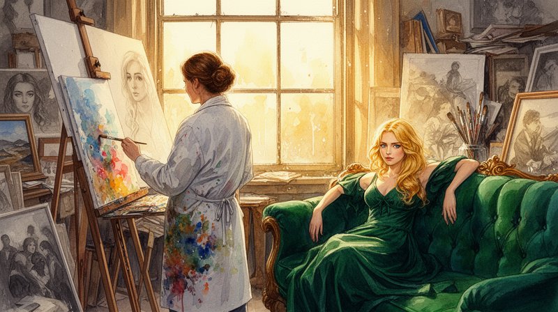 a lushly cluttered artist’s studio bathed in the golden haze of late afternoon light streaming through a tall, slightly grimy window. The mother, a painter with her back to the viewer, stands poised at her easel, her smock streaked with vibrant watercolor stains. The easel is angled just so—allowing her to glance between her unfinished portrait and her daughter, who lounges elegantly on a plush velvet settee, its deep emerald fabric catching the light like liquid gemstones. The daughter, a vision of soft contrasts, is all golden blonde waves and piercing blue eyes, her posture relaxed yet regal, one arm draped lazily over the settee’s armrest. Half-finished canvases lean against every available surface—sketches of landscapes, abandoned portraits, and abstract experiments—their chaotic presence a testament to the artist’s restless creativity. The mother’s brush hovers mid-stroke, caught in the act of capturing not just her daughter’s likeness, but the very essence of her: the way the light kisses her cheek, the faint smirk playing on her lips, the quiet confidence of youth immortalized in pigment and paper. The air hums with the unspoken intimacy of the moment—the artist lost in her craft, the muse lost in her thoughts., (watercolor), high resolution, intricate details, 4k, wallpaper, concept art, watercolor on textured paper.