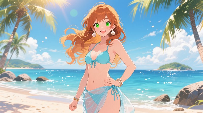 Anime-style woman in turquoise bikini on sunny tropical beach with palm trees.