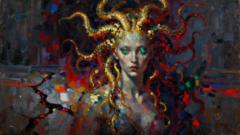 Abstract realism. ((full view)). A gorgon with eyes like shattered emeralds, her serpentine hair a cascade of molten gold and deep crimson. She stands in a desolate, abstract landscape where the ground cracks with vibrant energy. The overall mood is one of powerful, contained chaos. Expressive brushstrokes, bold impasto texture. Dramatic chiaroscuro lighting. oil painting, abstract realism, vibrant colors, dark tones, textured, impasto, expressive, masterpiece, high detail.