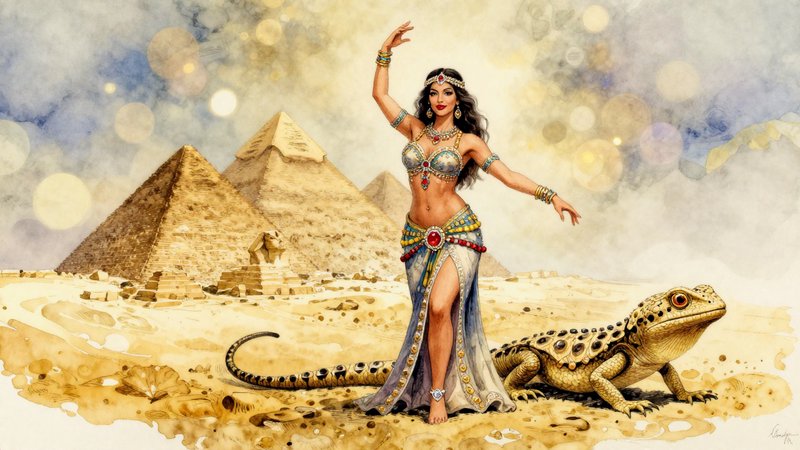 Little Egypt, dancer extraordinaire, style of Luis Royo, see her do famous dances of the pyramids! She walks, she talks, she crawls on her belly like a reptile, Detailed ink and watercolor wash, belly dancer, Moroccan Bazar, she came out strutting Wearing a button and a bow, with a ruby on her tummy and a diamond big as Texas on her toe, dramatic medieval fantasy art, Beautiful jeweled Berber Princess. ethereal abstract background, bokeh, golden hour,