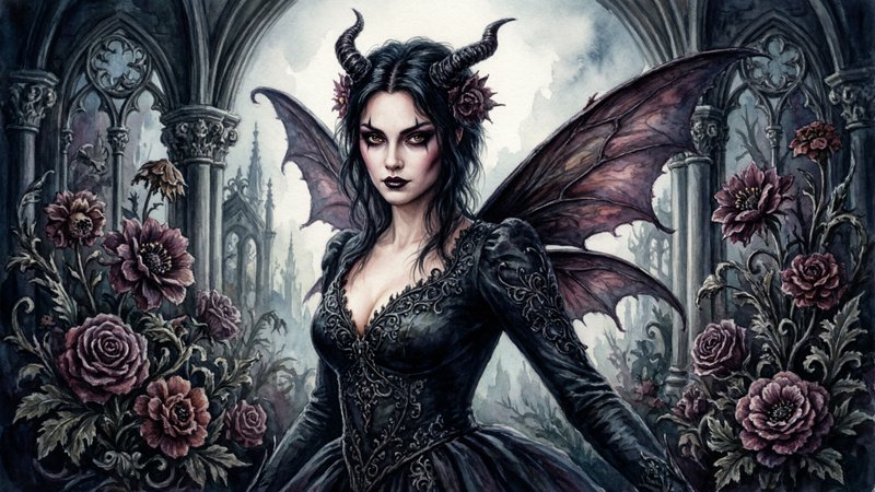 evil dark fairy, (watercolor), high resolution, intricate details, 4k, wallpaper, concept art, watercolor on textured paper. Against a decadent macabre dark dead floral motif gothic architecture background. Overall, it's an absolute world-class masterpiece watercolor artwork. It's an aesthetically pleasing watercolor artwork with impeccable attention to detail and impressive sinister composition.
