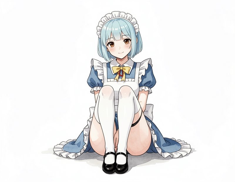 Anime-style girl with light blue hair in a blue-and-white maid outfit sitting with knees up
