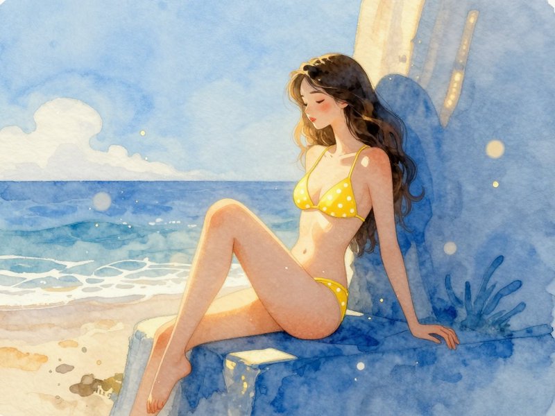 Full shot, minimalist, stylistic, whimsical, cute, fashion sketch watercolor wash of a slender nymph woman elegantly seated against a blue 3-d wall, near the ocean in tiny yellow polka dot bikini with rays of golden hour sunlight dancing across her perfect form, decoletage, warm triadic color, shades of blue and gold, blue sky, ethereal dreamy, magic, bokeh. Sensual, exotic, a masterpiece, best quality, 8k resolution.