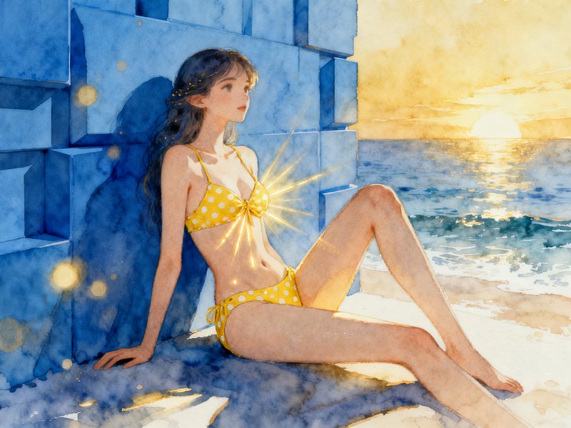 Woman in yellow polka-dot bikini sits on blue geometric sea-wall at sunset beach.