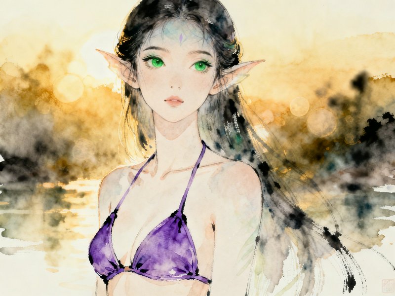 Watercolor illustration of an anime-style elf girl with green eyes in a purple bikini at a beach sunset