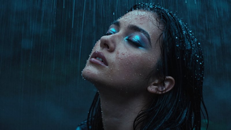 Close-up of a woman in the rain with blue metallic eyeshadow and wet hair.