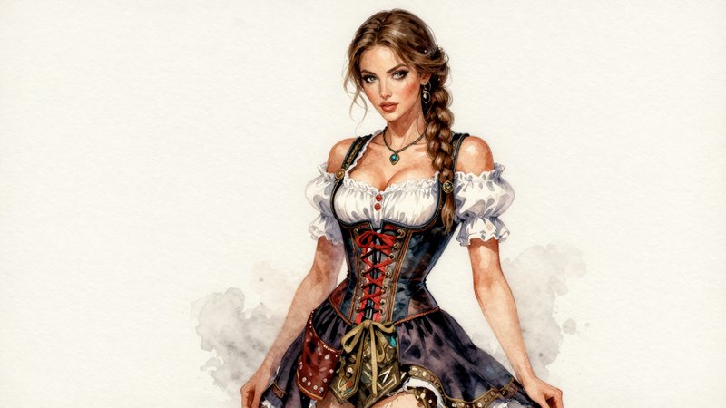 ink-punk fashion sketch watercolor wash, mid shot, busty Bar-wench wearing traditional german corset-dress, looking sexy at oktoberfest, sensual aluring, decolletage, (watercolor), high resolution, intricate details, 4k, wallpaper, concept art, watercolor on textured paper.