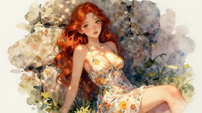Watercolor illustration of a red-haired woman in a floral summer dress lounging among rocks and flowers.