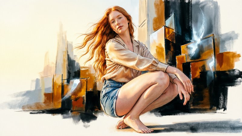 close low wide angle worm's eye view. perspective, fashion sketch of a young ginger woman with long flowing hair, wearing denim shorts and silk blouse, shapely, barefoot, posed against a towering abstract minimal impressionist background, soft golden hour light dances across her form, rule of thirds, lacquered chromatic planes create confrontational visual intensity through hard-edged retablo color logic, broken-color optical mixing produces luminous internal surface vibration via adjacent-hue stroke layering, and Dark Shadows tenebrism infuses romantic decay atmosphere. saturated enamel-sheen planes holding dissolved-edge interior brushwork, amber-black shadow pools punctuated by cold lunar accents, and a surface quality of radiance preserved against encroaching dissolution, transforming any subject through chromatic intensity, tenebrist light contrast, and temporally corrupted luminosity.