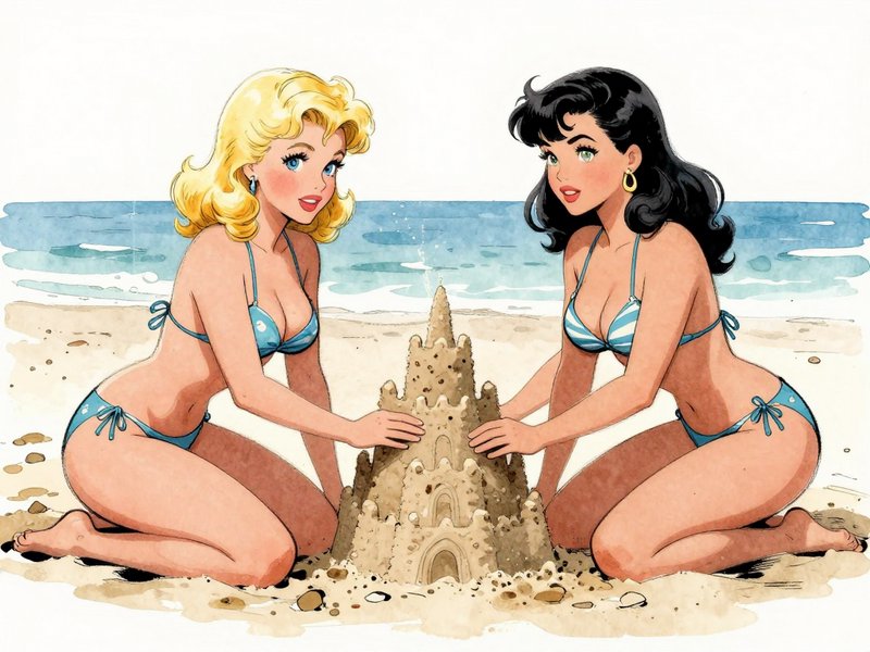 comic book whimsical pin-up, blonde Betty and brunette Veronica at the beach, in tiny bikinis, building a sand castle, ethereal, alluring, watercolor, ink, sketch