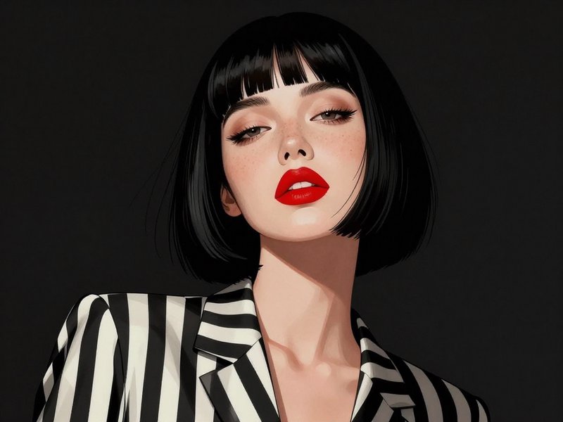 stylish mugshot portrait against a dark background, low camera angle, stunning woman with sleek, black hair, short pageboy cut with bangs, bright red lipstick that pops against her soft skin, squarish shaped face, tired bedroom eyes, freckles, dressed in a modern vertical striped outfit, posing in a sharp, high-contrast digital illustration. rendered in mesmerizing style with bold lines, captivating textures, and intricate details.