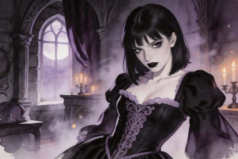 Tachisme Dynamic Brushwork, goth-punk, ink-punk watercolor wash, blousy gothic girl, Wednesday Addams, gothic atire, baroque corset dress, decolletage, gothic architecture boudoir, mix of candel light and moon light, dark make-up, goth pin-up, shades of lavendar and black, surreal, ethereal, evil, sensual, medieval, mist, bokeh,