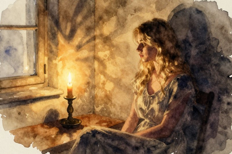 Ink-punk watercolor wash of a dimly lit room, a single candle on an ornate holder, casting gentle, flickering shadows that dance along the textured walls. Warm golden light pours in through a window, Against the wall sits a young blonde woman, her figure partly concealed by shadow. she gazes into the light, lending her an ethereal presence. The interplay of light and darkness creates a sense of mystery and quiet intrigue, enhancing the peaceful ambiance of the scene.
