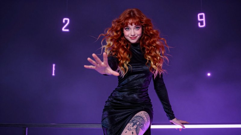 Red-haired woman in a black dress posing against a purple neon-lit backdrop with numbers 2 and 9.