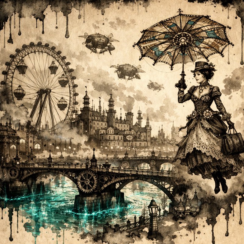Victorian-era woman in an ornate dress with an intricate parasol over a sepia steampunk cityscape.