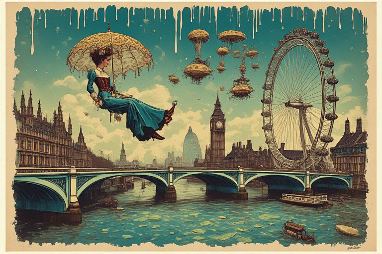 Vintage surreal illustration of a woman on a parasol flying over the Thames with London landmarks and airships.