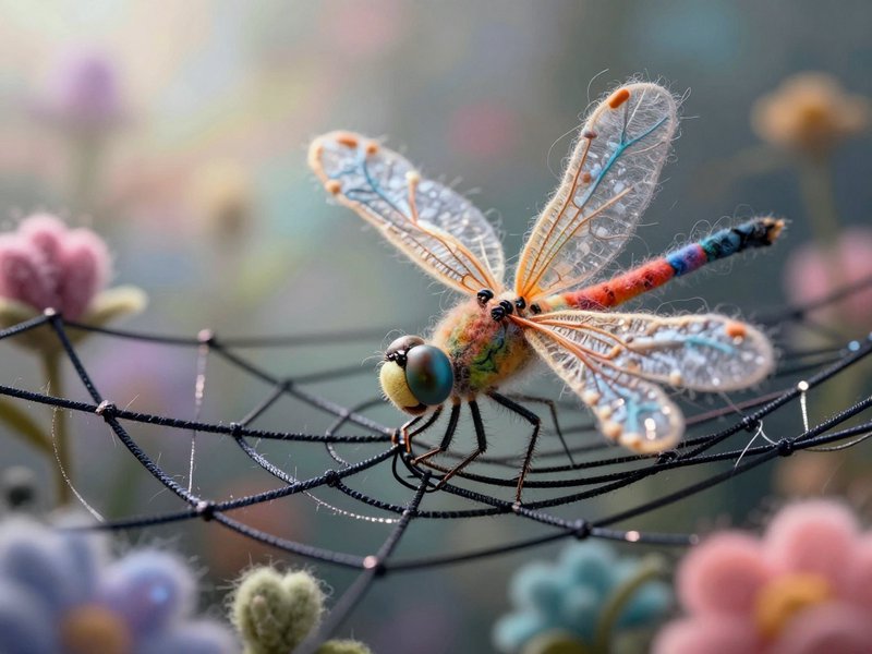 Macro photo of a colorful dragonfly perched on a spiderweb with dew droplets.