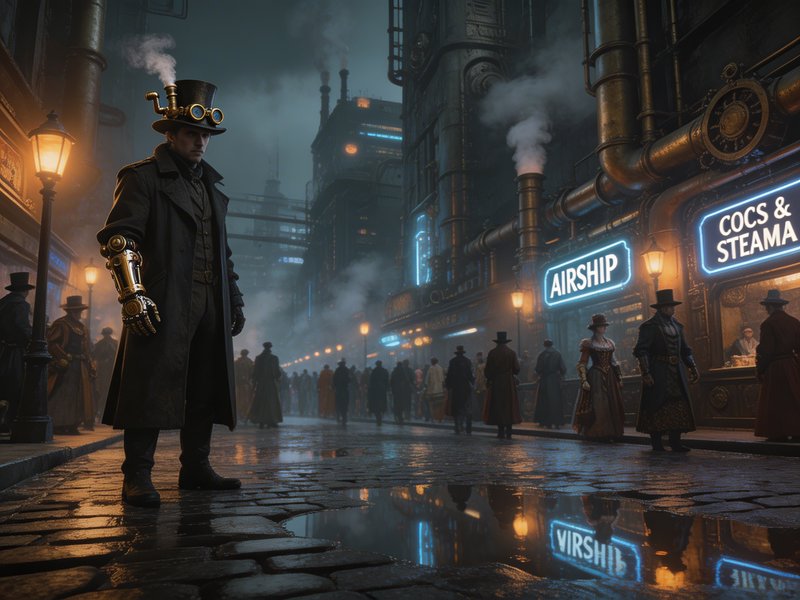 Steampunk+BladeRunnerUndercity+impressionism, dark mysterious imposing steampunk figure, wet steampunk city street, reflections, crowded street, rule of thirds, victorian, concept art, digital art, illustration, inspired by wlop style, 8k, fine details, sharp, very detailed, high resolution, world-class masterpiece.
Overall, it's absolute world-class masterpiece concept art. It's an aesthetically pleasing concept art with impeccable attention to detail and impressive composition.