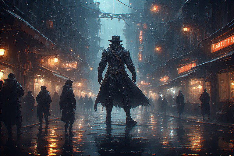 Tall hooded figure in a long coat and hat stands alone on a neon-lit, rain-soaked street of a dystopian city.