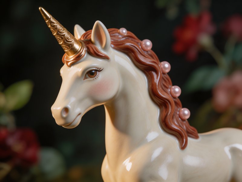 Cream-colored ceramic unicorn figurine with a gold horn and pink bead decorations