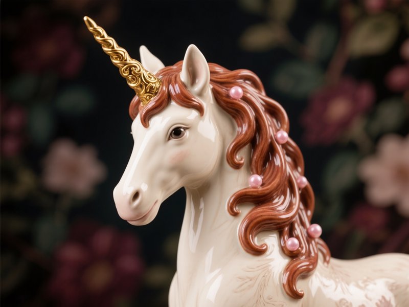 Ultra-realistic 3D porcelain figurine of a majestic unicorn, centered composition, straight 3/4 front facial view with a slightly low-angle medium close-up. Glazed cream porcelain surface with fine sculpted musculature and delicate carved details; intricate hand-painted accents and subtle brushstroke texture visible at high magnification. Decorative golden horn detailed with ornate filigree and realistic gold leaf sheen, catching crisp specular highlights. Flowing auburn mane rendered as porcelain strands with a lifelike wave and naturalistic shading, studded with small polished pink pearls that reflect soft highlights. Serene, noble facial expression with gentle eyes, finely painted lashes and soft blush on the cheeks. Studio lighting: soft key light from the upper left, gentle fill light, and a cool rim light to accentuate edges and the horn’s metallic sheen; pronounced but natural shadows for depth. Dark floral motif background with deep greens and burgundy tones, heavily blurred bokeh effect for strong separation and an elegant, enchanting mood. Emphasize ultra-detailed textures, realistic reflections on glaze and metal, high contrast, cinematic depth of field, photorealistic, 8K, high fidelity, sharp focus on the unicorn, subdued grain-free finish.