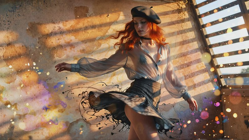 abstract inkpunk illustration, auburn-haired model mid-twirl, sheer blouse unbuttoned, beret casting a shadow}, miniskirt’s movement frozen, golden hour light bleeding through window blinds, dreamy bokeh confetti speckles against sand-grit textured backdrop, (watercolor), high resolution, intricate details, 4k, wallpaper, concept art, watercolor on textured paper.

Overall, it's an absolute world-class masterpiece watercolor artwork. It's an aesthetically pleasing watercolor artwork with impeccable attention to detail and impressive composition.