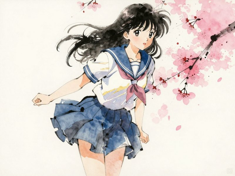 anime-style schoolgirl in blue sailor uniform with pink cherry blossoms in the background