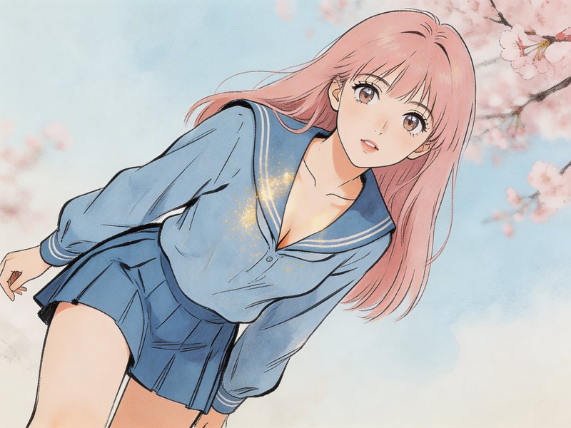an elegant vintage anime sketch, showcasing refined detail and harmonious composition in the Japanese e-sumi ink and watercolor tradition. in shades of blue and cherry blossom pink, A Japanese schoolgirl in a sailor uniform is depicted in a low-angle mid-shot, highlighting her graceful posture and long legs. Her blouse is loosely fitted, with the collar gently pulled open revealing a hint of cleavage, her pose is both playful and confident. Her expression is soft and inviting, with sparkling eyes and slightly parted lips. stippled golden hour sunlight dancees across her chest The artwork adopts a Japanese e-sumi ink and watercolor style: delicate black brushwork outlines her silhouette, fluid ink washes create gentle shadows, and light watercolor accents suggest the fabric’s texture and the glow of her hair. The composition emphasizes elegance and charm with minimal, expressive strokes, blending vintage anime inspiration with traditional Japanese sketch aesthetics.