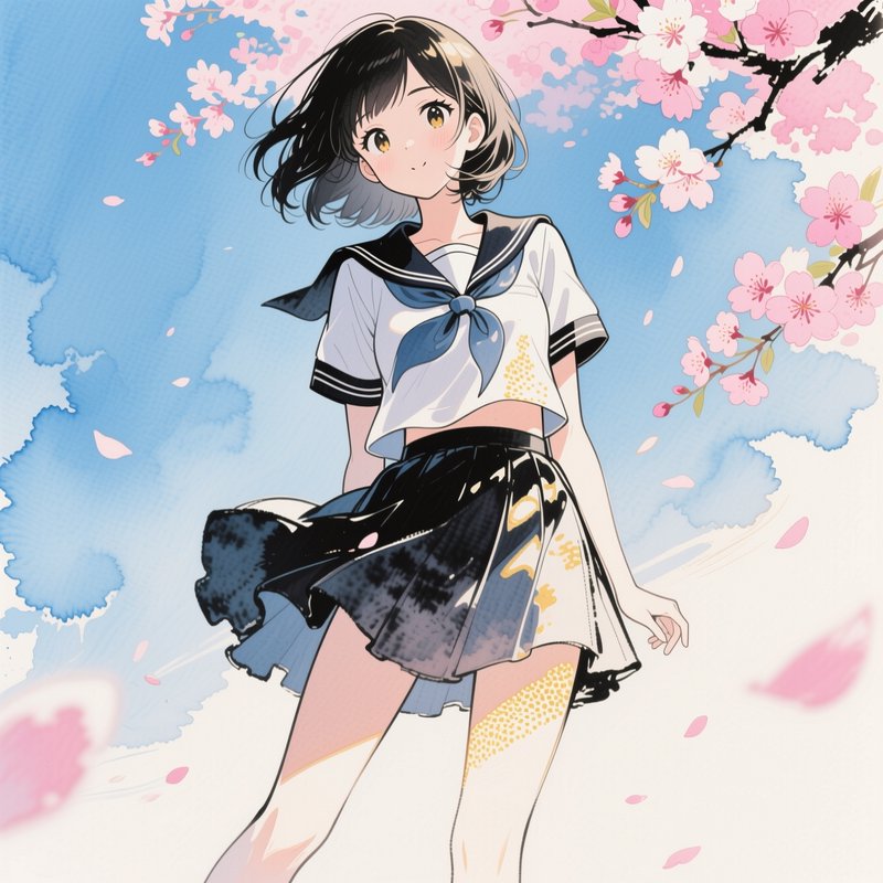 Anime-style girl in a sailor school uniform under cherry blossoms.