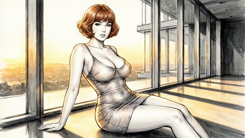 A sultry inkpunk watercolor pin-up sketch of a busty French muse lounging against floor-to-ceiling windows, her sheer mini sundress clinging to every curve as golden hour light casts long shadows across her auburn paige-boy haircut, the ultra-modern architecture framing her like a living fashion illustration., incredible hand-drawn manga, black and white, by Takehiko Inoue, by Katsuhiro Otomo and akira toriyama manga, hand-drawn art by rumiko takahashi and Inio Asano, Ken Akamatsu manga art.

Overall, it's an absolute world-class masterpiece black and white manga-style artwork. It's an aesthetically pleasing black and white manga artwork with impeccable attention to detail and impressive composition.