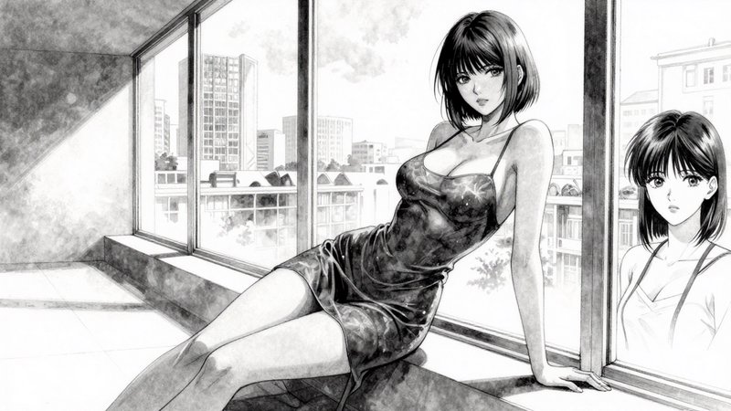 Manga-style illustration of a woman in a black dress lounging on a windowsill with a city skyline, another woman stands