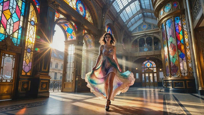 Full-body composition of the muse striding through a decopunk atrium, her sundress swirling around her thighs with each step, the golden hour light slicing through the space in geometric beams. The inkpunk style lends a gritty, urban edge to her otherwise soft features—smudged liner, a hint of a tattoo peeking from her strap, the watercolor rendering making her seem both ephemeral and indelible. The architecture looms behind her, all chrome and stained glass, while she remains the vibrant focal point, her cleavage subtly emphasized by the play of light and shadow., (watercolor), high resolution, intricate details, 4k, wallpaper, concept art, watercolor on textured paper.

Overall, it's an absolute world-class masterpiece watercolor artwork. It's an aesthetically pleasing watercolor artwork with impeccable attention to detail and impressive composition.