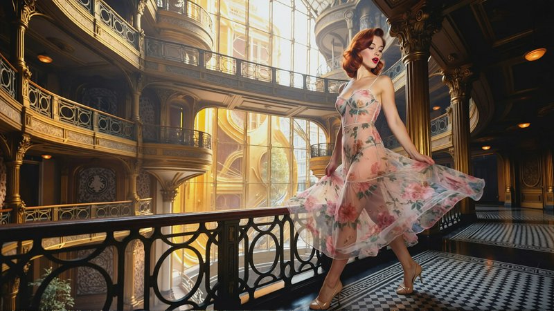 Full-body composition of the muse striding through a decopunk atrium, her sundress swirling around her thighs with each step, the golden whimsical pin-up of a pouting parisienne, sheer floral sundress clinging to her curves, auburn paige-boy cut framing her face, perched on the edge of a cantilevered balcony as golden light floods through the glass facade of a neo-futurist tower, inkpunk stippling blending with watery color washes and data-moshed edges., (watercolor), high resolution, intricate details, 4k, wallpaper, concept art, watercolor on textured paper.

Overall, it's an absolute world-class masterpiece watercolor artwork. It's an aesthetically pleasing watercolor artwork with impeccable attention to detail and impressive composition.