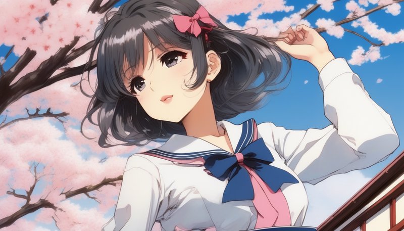 Anime girl in a sailor school uniform under cherry blossoms with a pink ribbon in hair.
