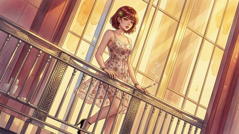Young woman with short brown hair in a floral dress leaning on a balcony railing, smoking a cigarette in a sunlit glass