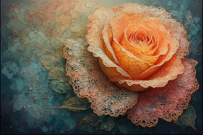 Orange rose with lace-patterned texture on a cracked teal background.